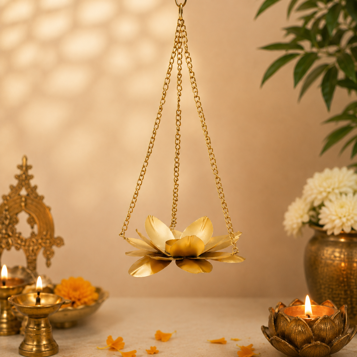 Hanging Lotus Tea Light Candle Holder for Home Decor, Pooja & Festivals