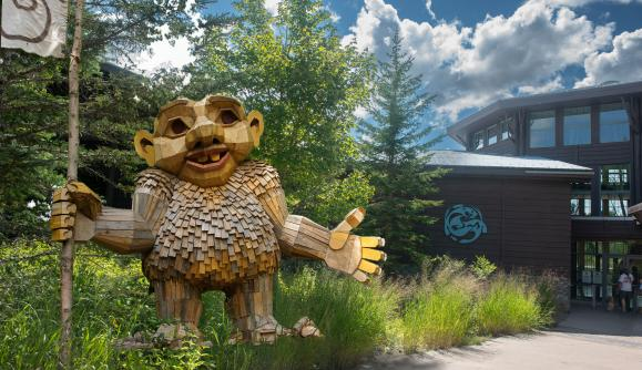 Six giant recycled-material trolls by Thomas Dambo at The Wild Center in the Adirondacks