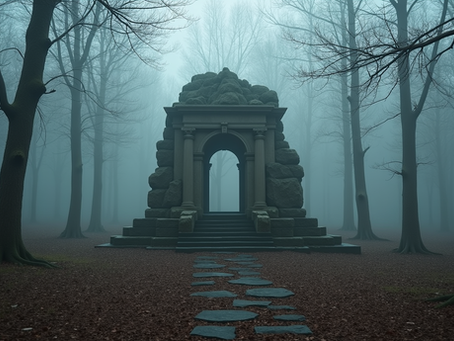 Eye-level view of an ancient stone altar surrounded by mist in a forest clearing