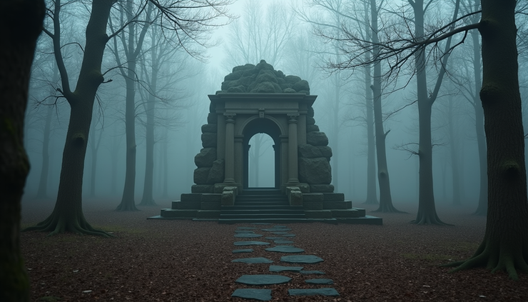 Eye-level view of an ancient stone altar surrounded by mist in a forest clearing