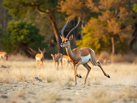 Antelope bounding through dry grassland at sunset, with other antelope blurred behind and green-gold trees in the background.