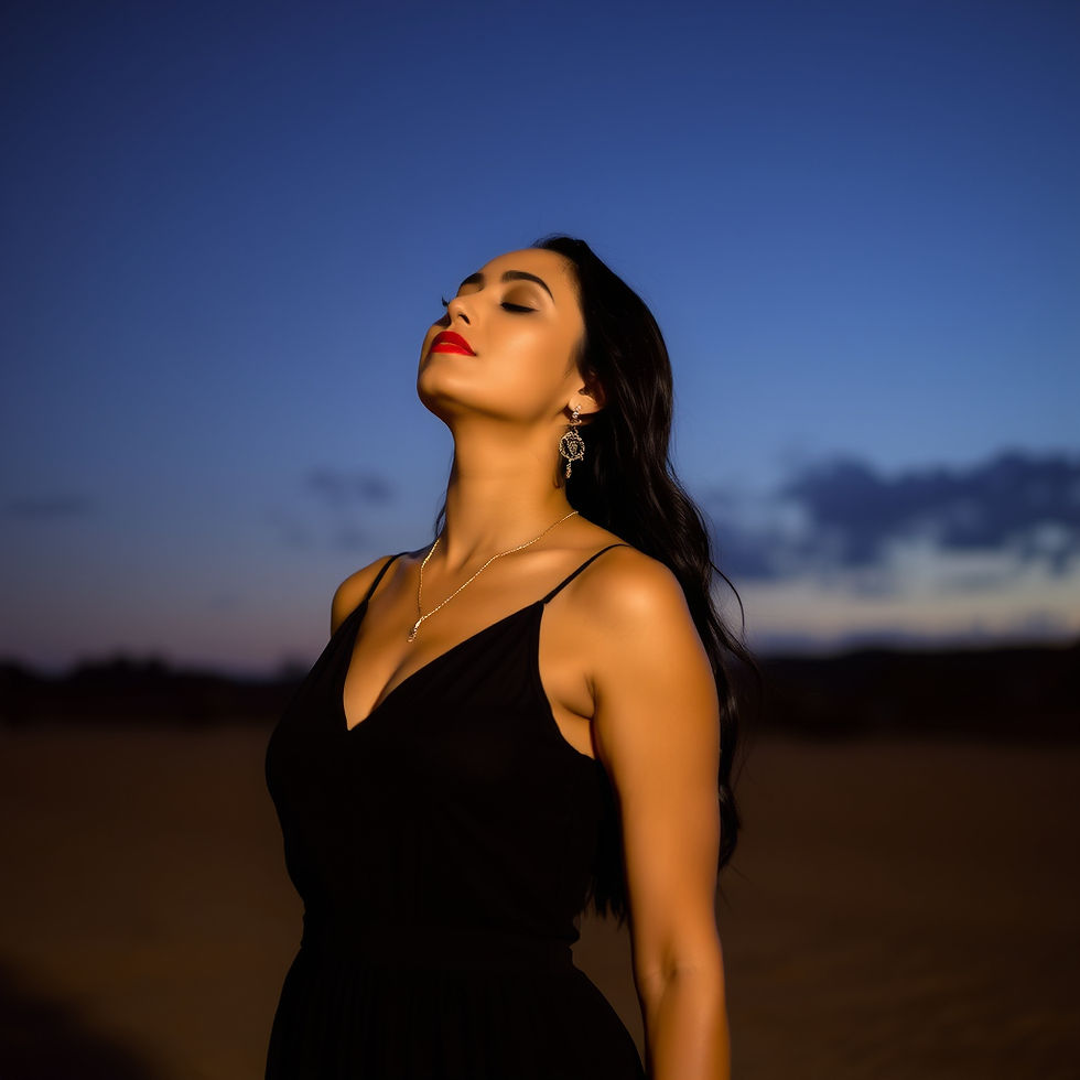 Woman in a black dress stands with eyes closed in a serene desert setting at dusk, wearing red lipstick and elegant earrings.