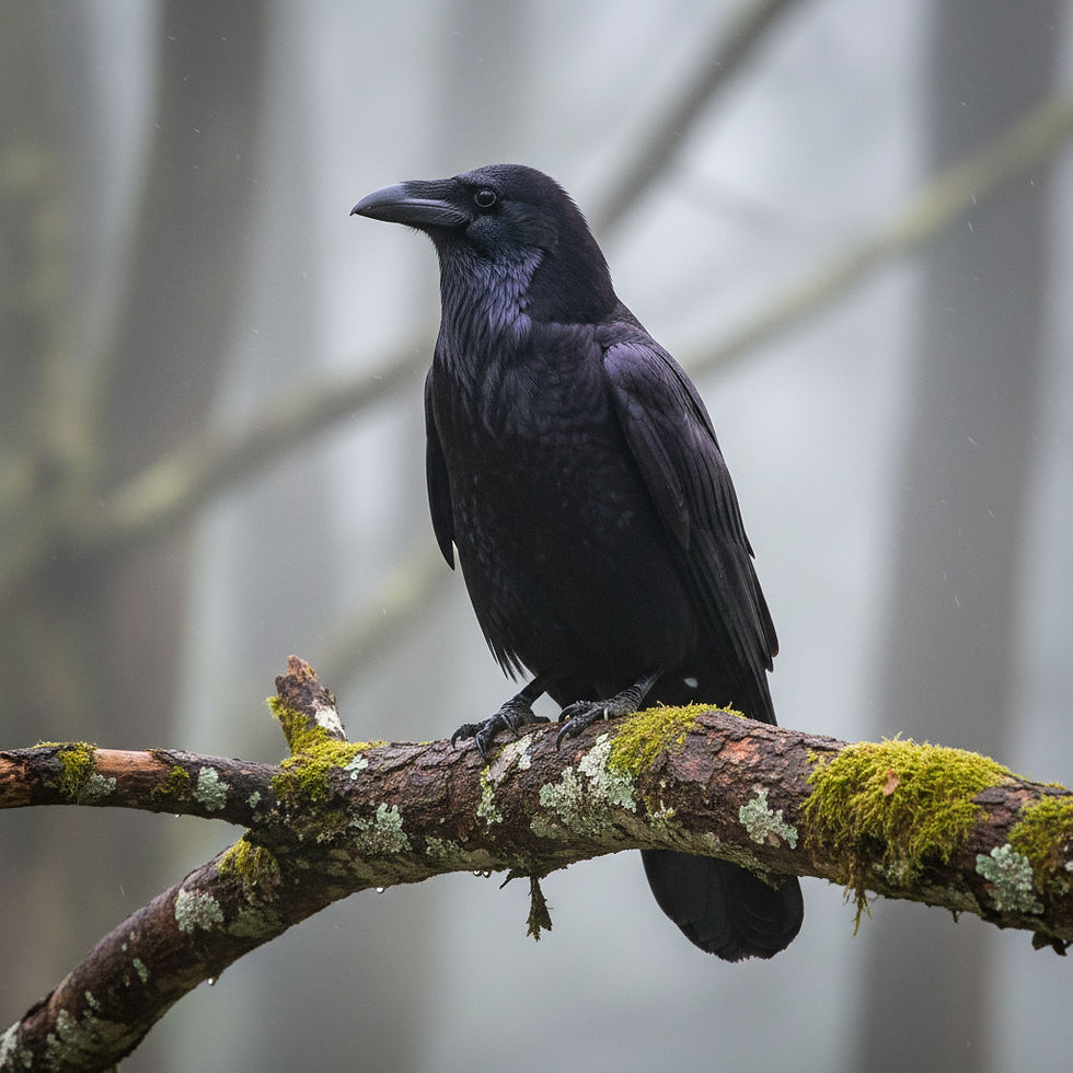 Black raven perched on a mossy branch in a misty forest, watching alertly.
