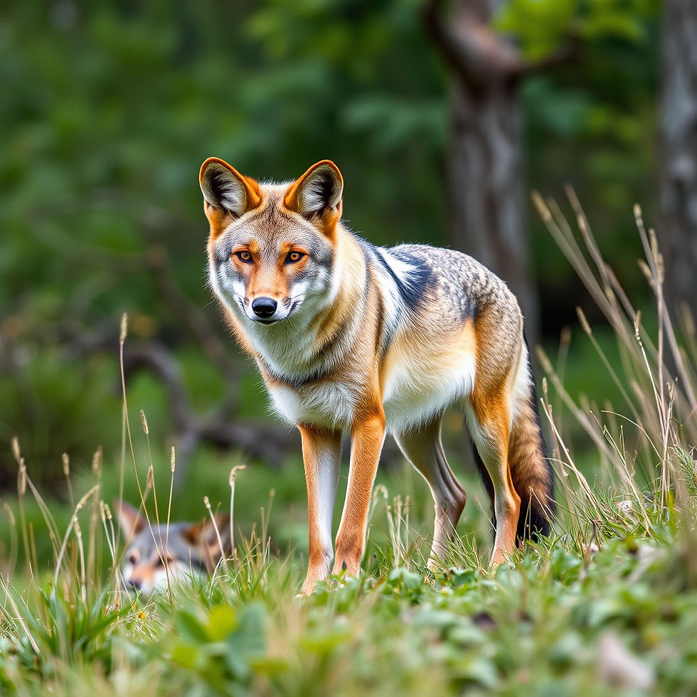 Alert coyote stands in a grassy forest clearing, with a blurred second animal behind and green foliage all around.