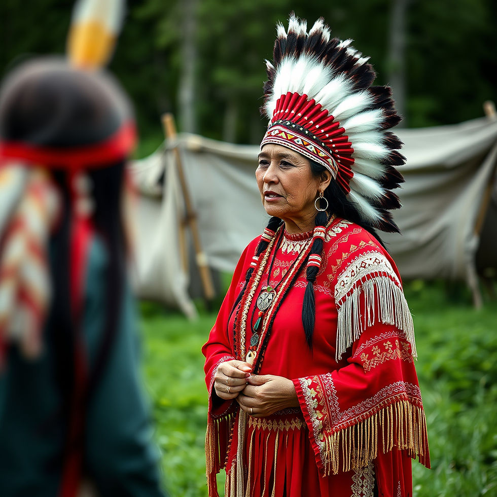 Indigenous woman in red dress and feather headdress stands outdoors near tents, looking serious.