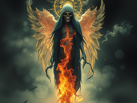 A skeletal figure with a flaming robe and golden wings hovers in a smoky, mystical setting. A clock-like halo is visible in the background.
