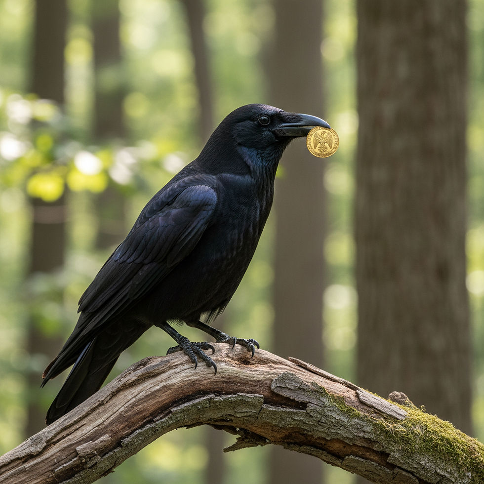 Black crow perched on a mossy branch in a forest, holding a gold coin in its beak.
