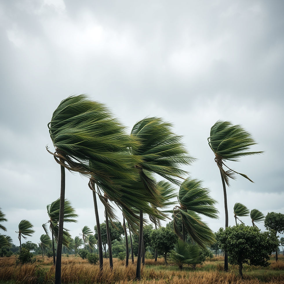 Palm trees bent hard by strong wind under a gray stormy sky over a dry grassy field.