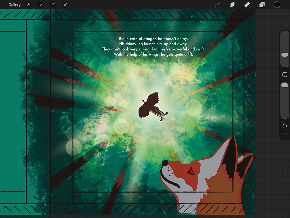 a lyrebird flying away from danger - with the vanishing poin in the center of the page, the trees all angled towards the center vanishing point and the lyrebird silhouette in the center. on the lower right portion of the frame an orange and white fox's head is looking upwards at its distant prey and missed opportunity.