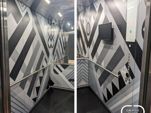 Al Khozama Hotels and Residences KAUST branded elvator design in plack, white and grey, complimenting their existing artwork and design throughout the hotel created by CreatEVE Design