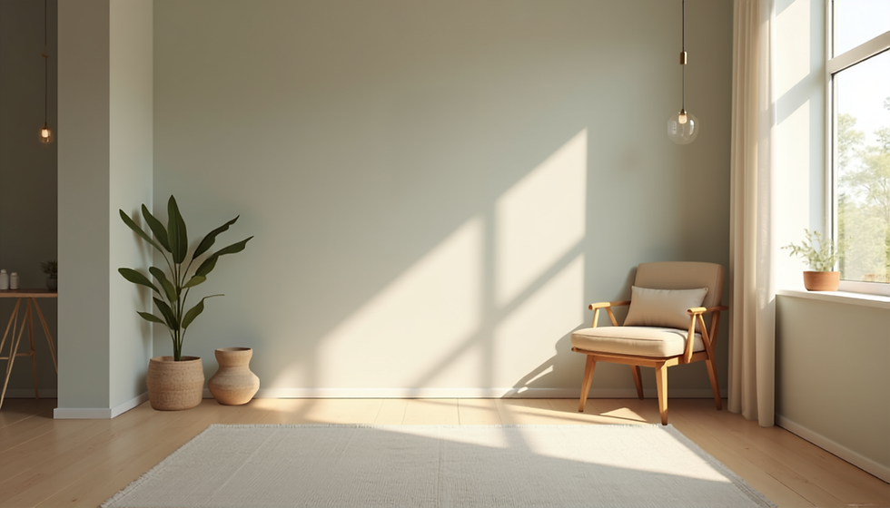 Minimalist room with armchair, plant, and sunlight.