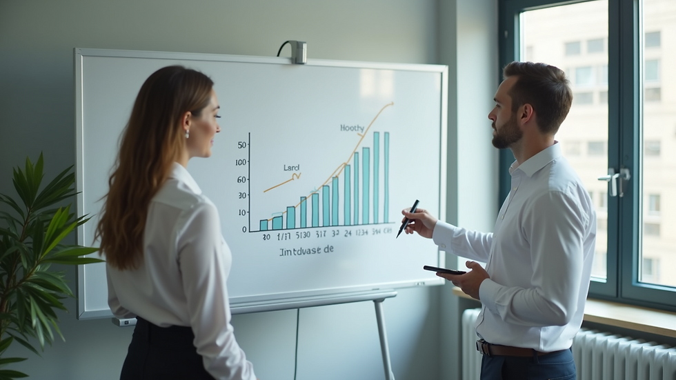 Eye-level view of a business consultant presenting a growth strategy on a whiteboard