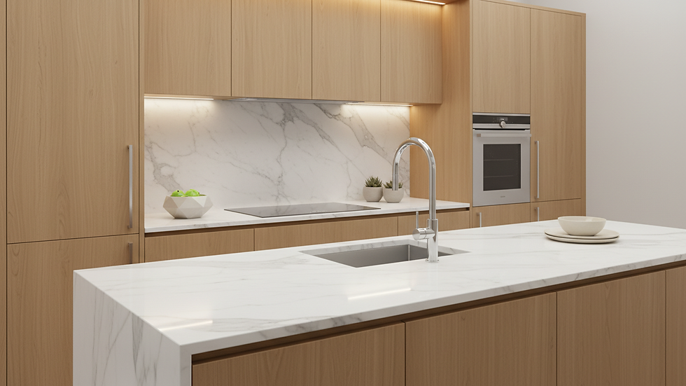 Close-up view of luxury kitchen countertop and cabinetry in showroom