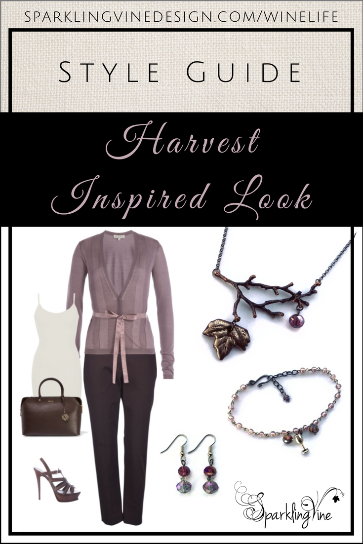 Style Guide: Bring in the Harvest with this Crisp Fall Outfit with an image of a twig & leaf necklace, beaded charm bracelet, dangling crystal earrings, lilac cashmere cardigan, dark brown pants, white tank, brown handbag, & brown strappy heels