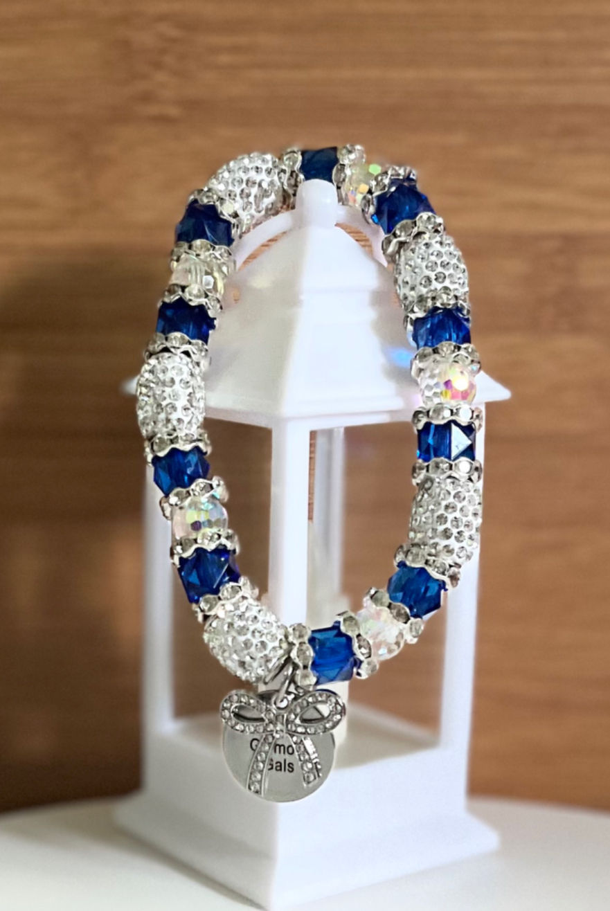Thumbnail: Blue, White, Clear, & Silver Beaded Bracelet