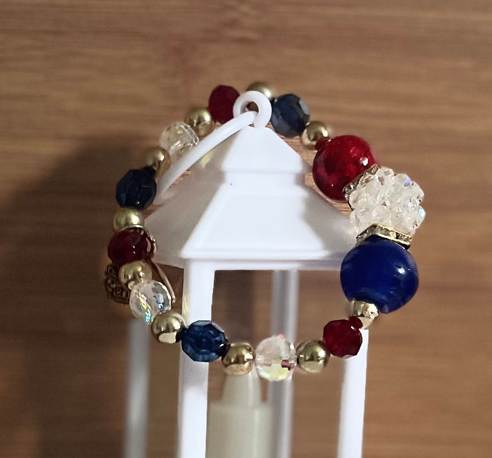 Thumbnail: Red, Clear, Blue, & Gold Beaded Bracelet