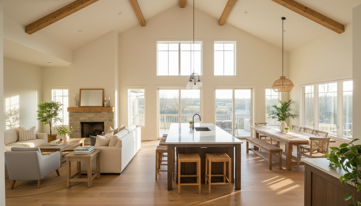 Wide-angle view of an open living room connected to a kitchen in a warm new home.