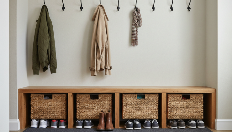Close-up view of a mudroom bench with storage hooks, baskets, and shoes neatly arranged.