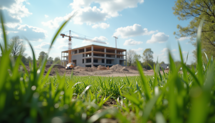 Eye-level view of a construction site with fresh spring greenery and partly cloudy sky