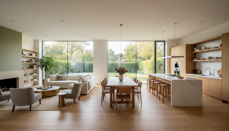 Wide-angle view of a dining area between a kitchen and living room with clear zones and natural light.