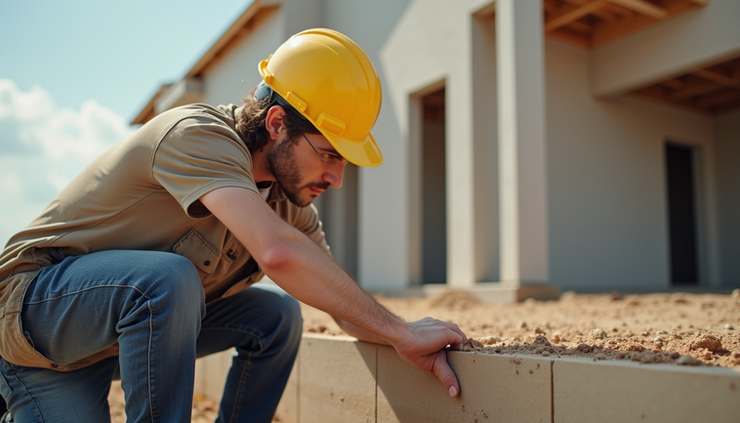 Eye-level view of a home inspector examining the foundation of a newly constructed house