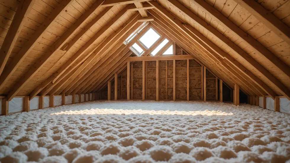 Close-up view of a well-insulated attic filled with fiberglass insulation