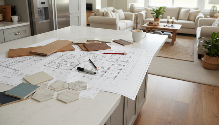 Eye-level view of a floor plan on a kitchen island with samples of wood and tile nearby.
