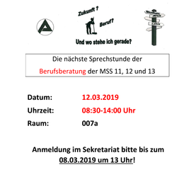 Neuer Termin der Sprechstunde der Berufsberatung steht fest. Anmeldung findet im Sekretariat statt.