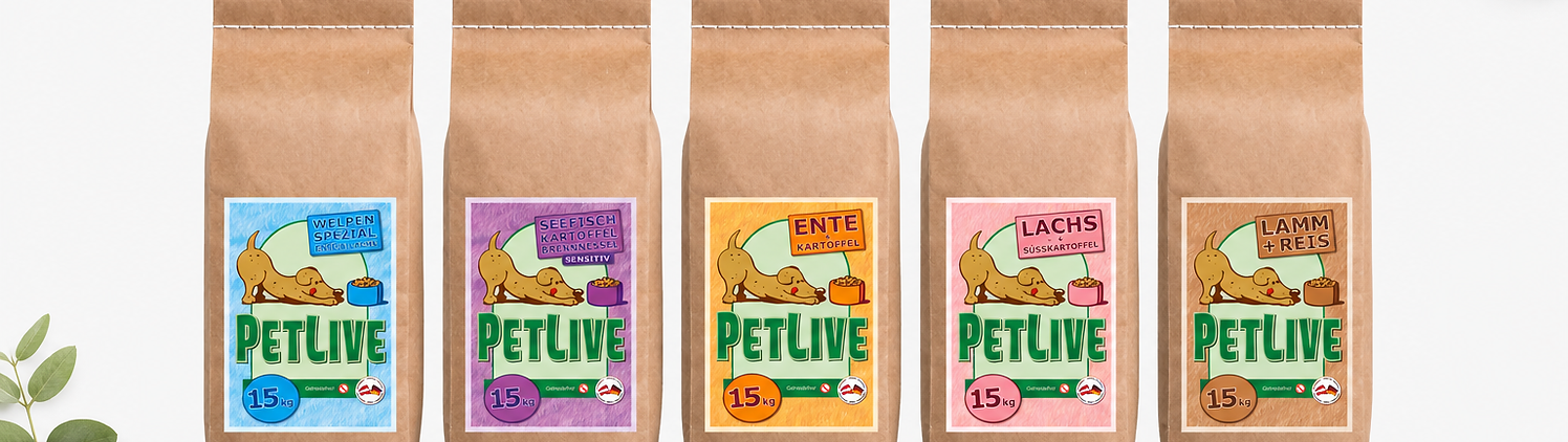 PetLive Haupttrockenfuttersorten in einem Bild zusammengefasst