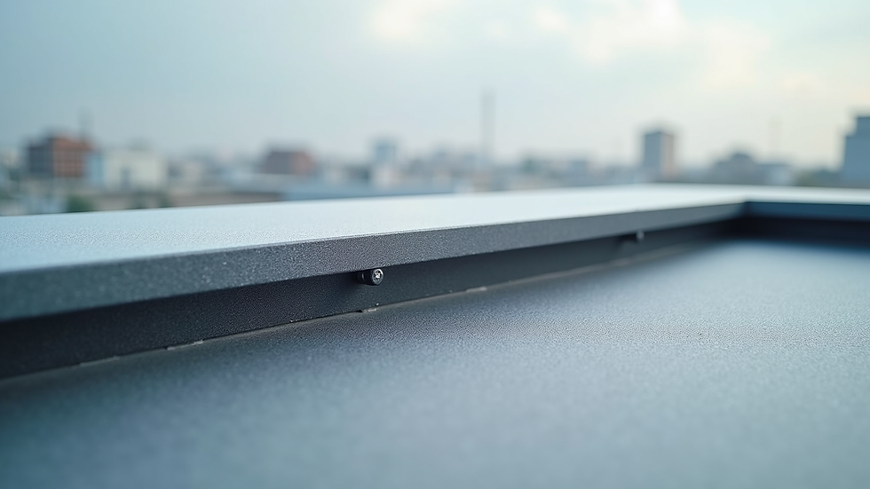 Close-up view of flat roof surface showing waterproofing layer and drainage system