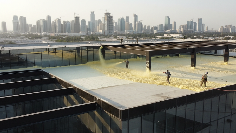 High angle view of closed-cell PU foam insulation being sprayed on a roof
