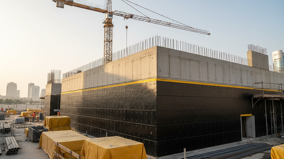 Eye-level view of a commercial building's waterproofed foundation