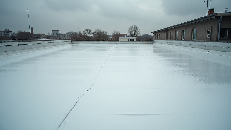 High angle view of flat roof with waterproofing membrane being applied