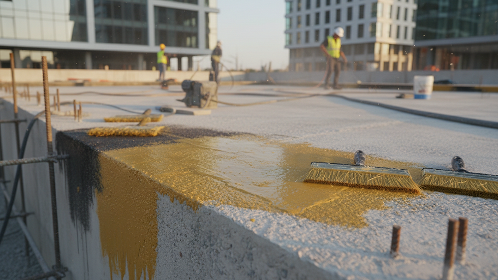 Close-up view of concrete water tank surface being prepared for waterproofing