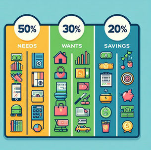 Graphic of the 50/30/20 rule showing 50 as the Needs, 30 as Wants and 20 as Savings