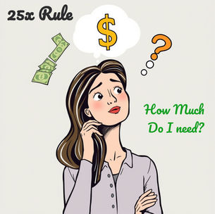 An illustrated women surrounded by dollar bills, $ sign, and ? mark with the 25x rule in the top corner and the question "How Much Do I need?" to her right.
