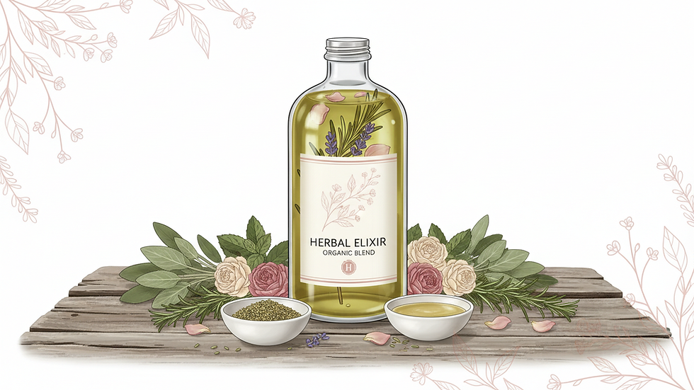 Eye-level view of a glass bottle with herbal oil and fresh herbs on a wooden table
