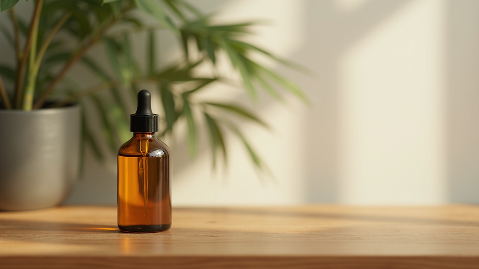 Eye-level view of a bottle of natural hair oil on a wooden surface