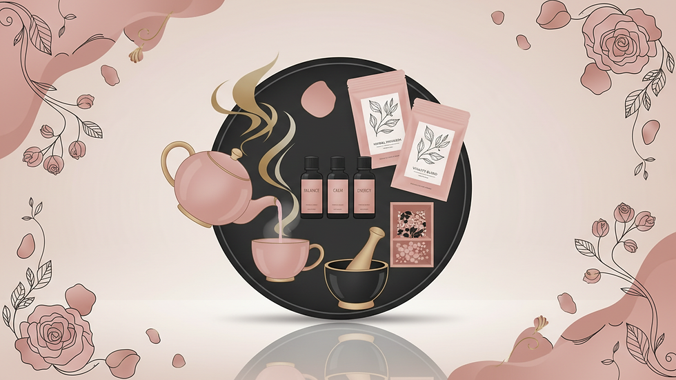 High angle view of a wellness setup with herbal teas, essential oils, and vitality blends