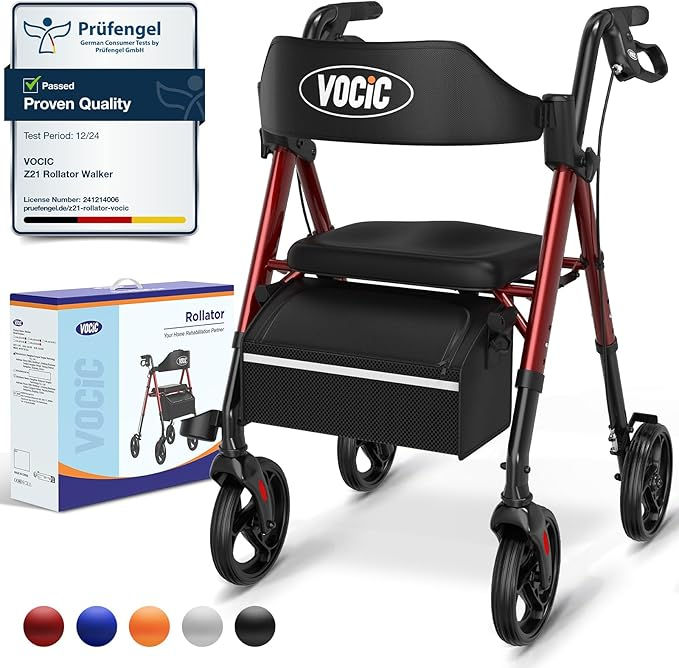 VOCIC Rollator Walker with Seat, Brakes, Bag, Foldable Walking Aid