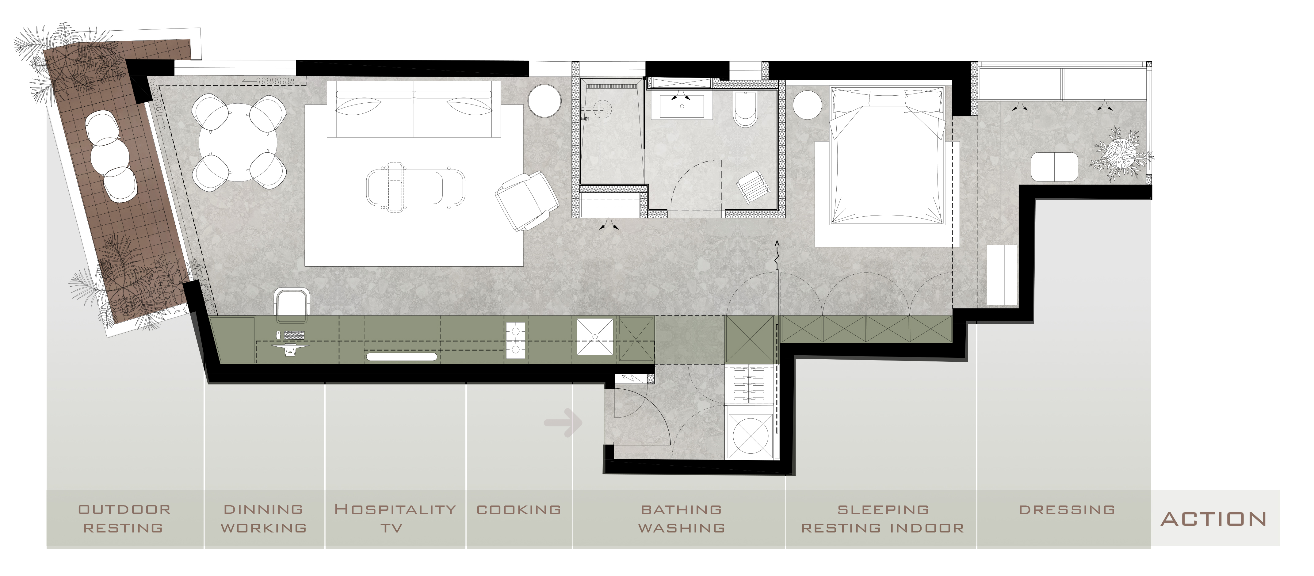 Apartment floor plan: Kitchen, Living, Bedroom