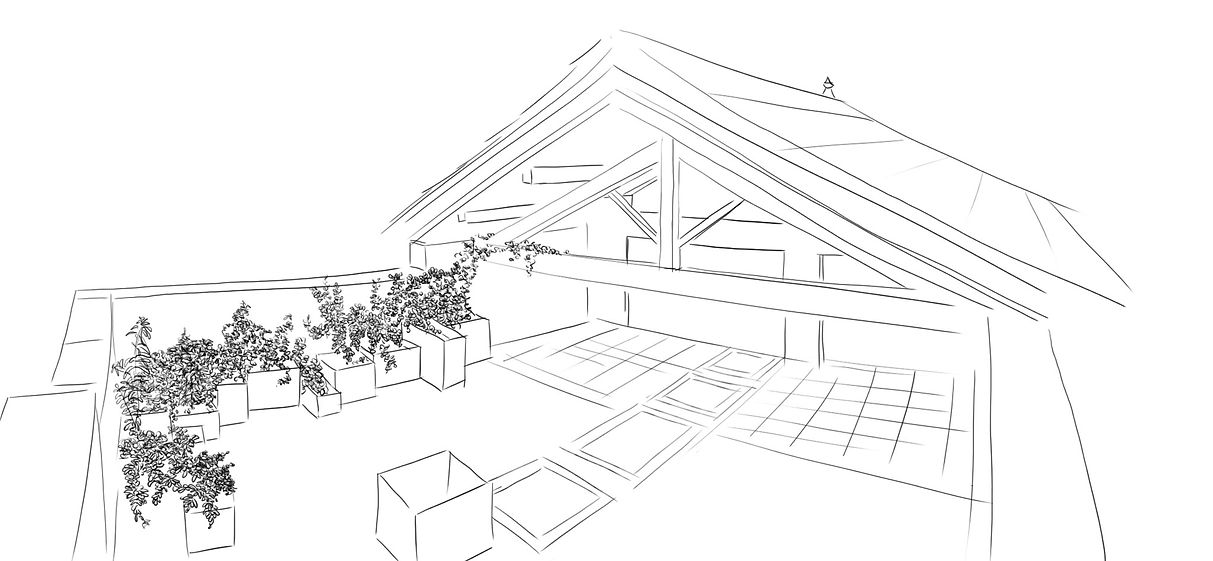 Sketch vue du toit terrasse de La Grange