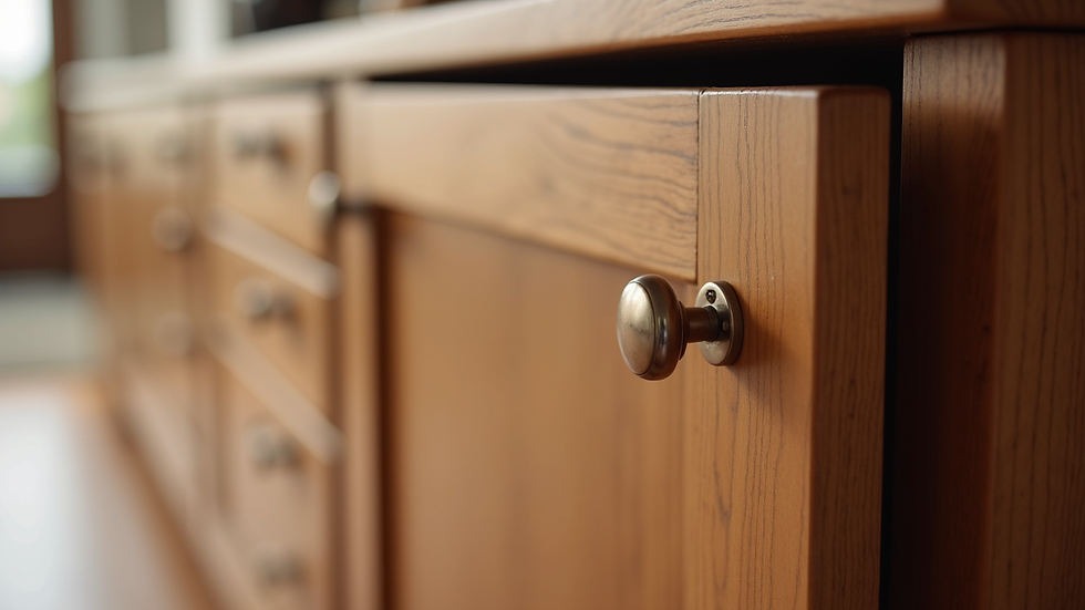 Close-up view of wooden cabinet door with smooth varnish finish