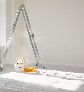 Concept painting work repair painting Ladder paint cans in a white room for repair.jpg
