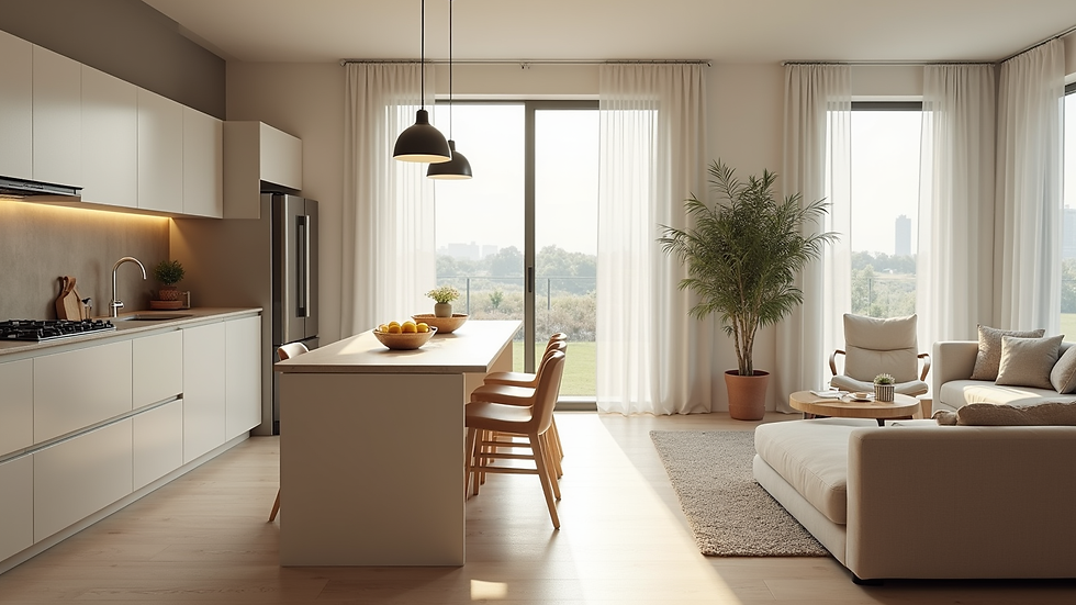 High angle view of a bright kitchen integrated with dining area