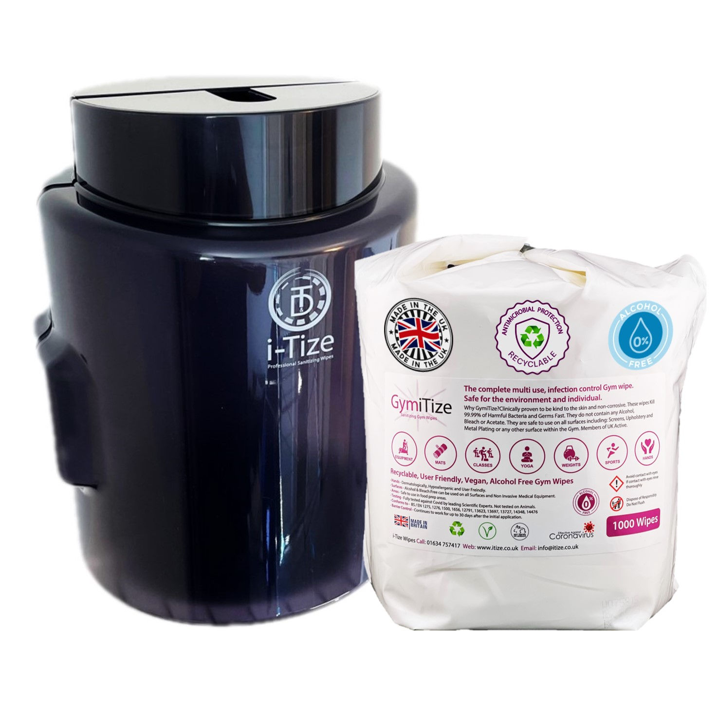 GymiTize Gym Wipes. Black Wall Mounted Dispenser + Refill Roll