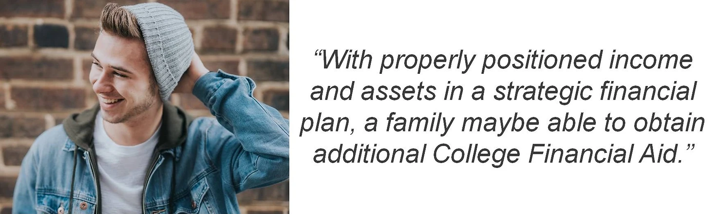 With properly positioned income and assets in a strategic financial plan, a family maybe able to obtain additional College Financial Aid.