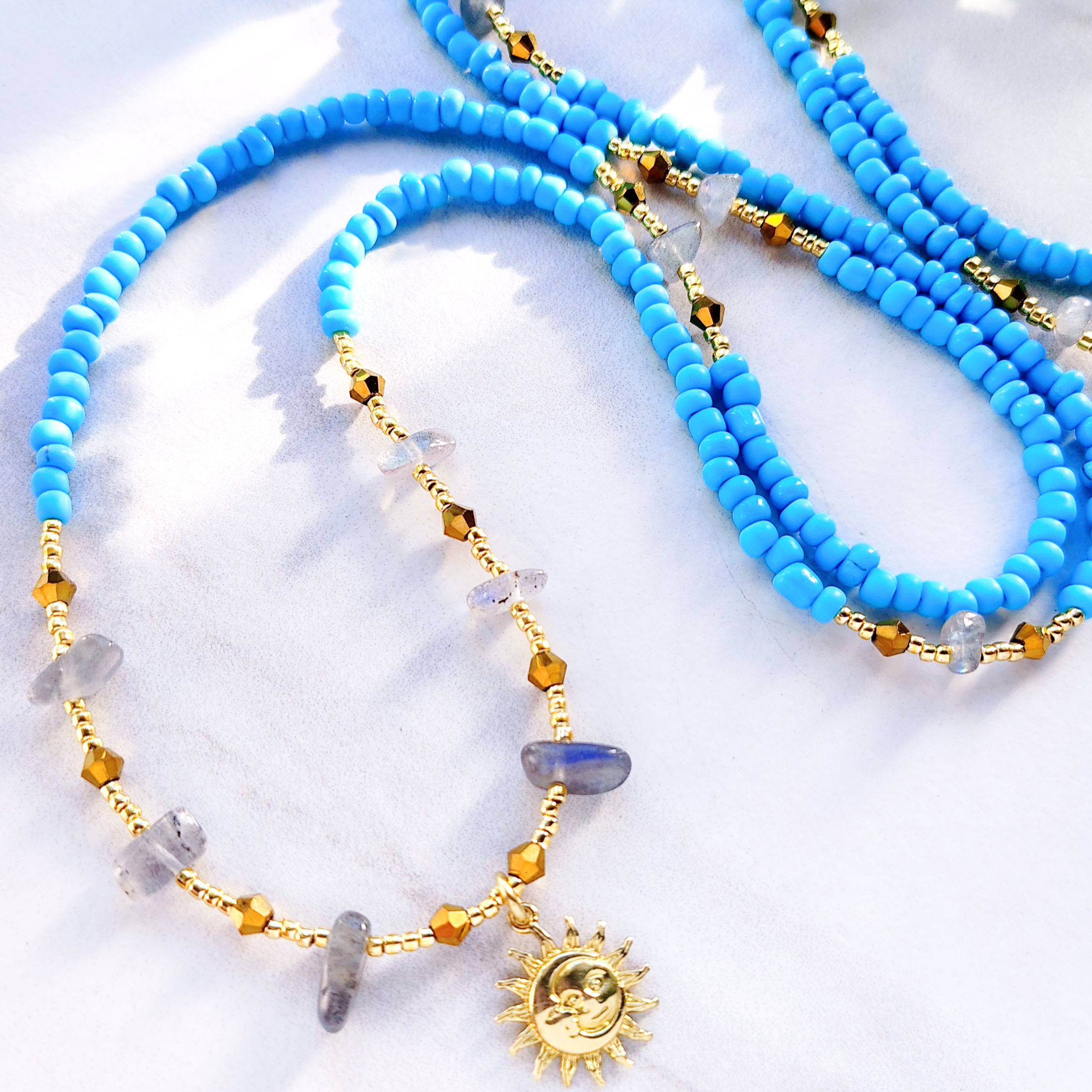 natural stone waist beads in sky blue with labradorite and gold bead details