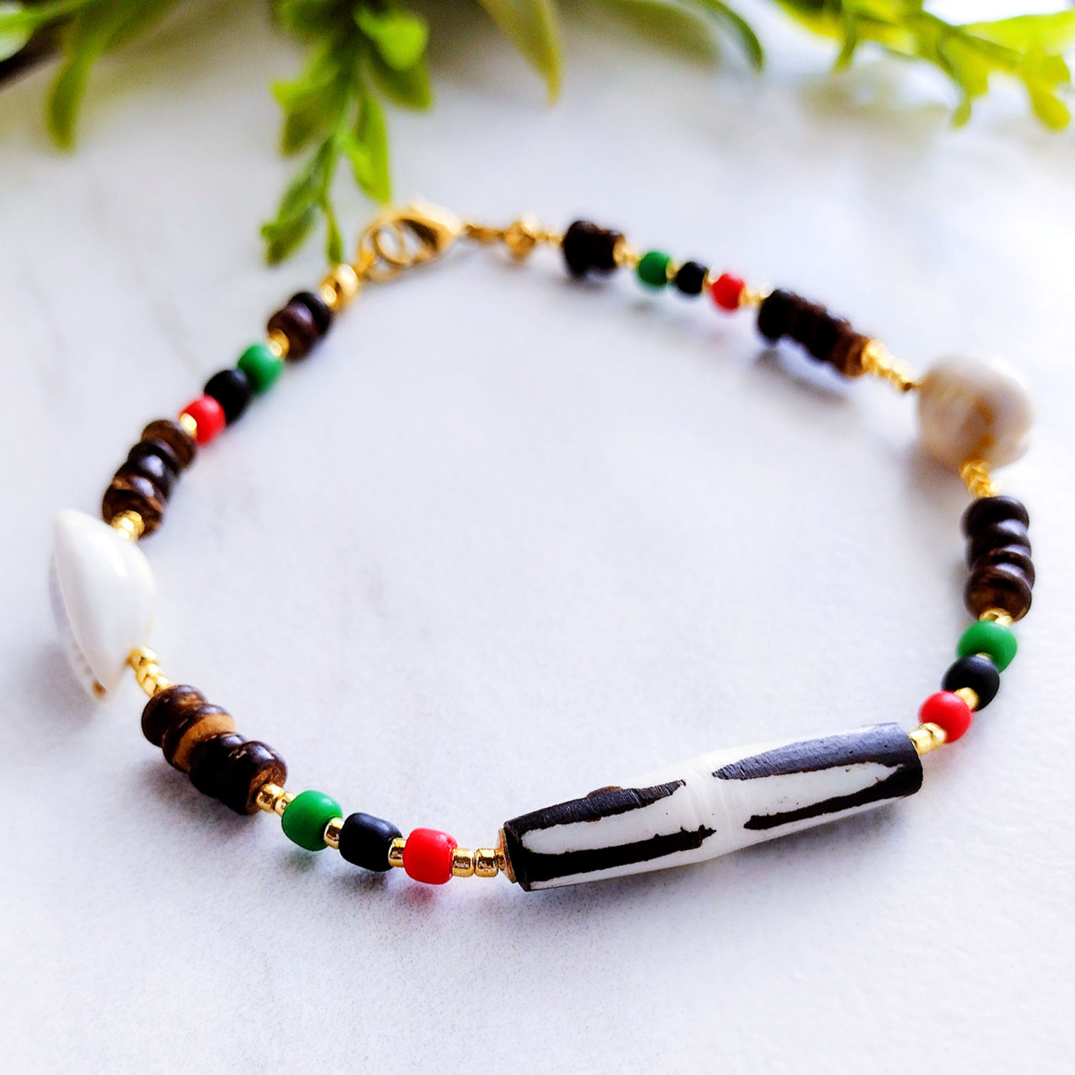 Coconut Rhythm - Cowrie & African Batik Bead Anklet