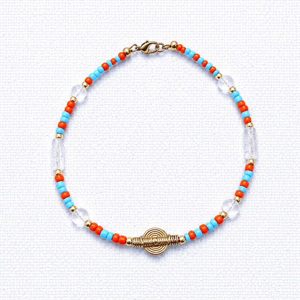Thumbnail: African sunshine anklet in sky blue/orange blue with crystal quartz and gold bead accents